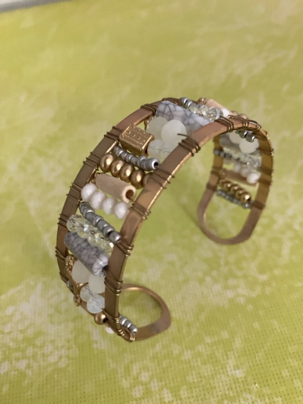 Gold Silver White Gray Beaded Cuff Bracelet —